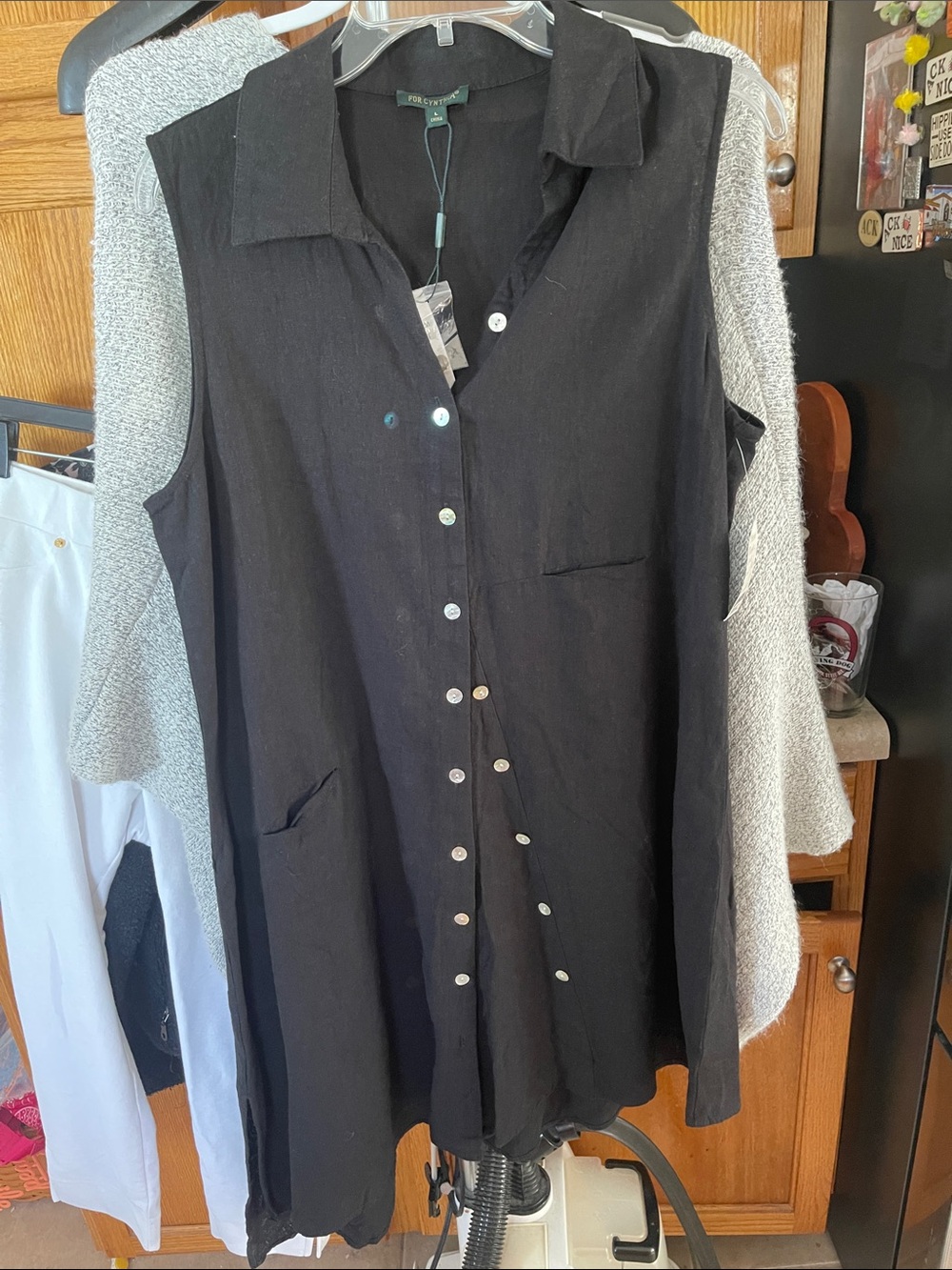 For Cynthia Linen Black Sleeveless Asymmetric Dress with Pockets Large